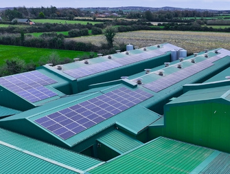 Agricultural solar panels across farm buildings in Roscommon countryside
