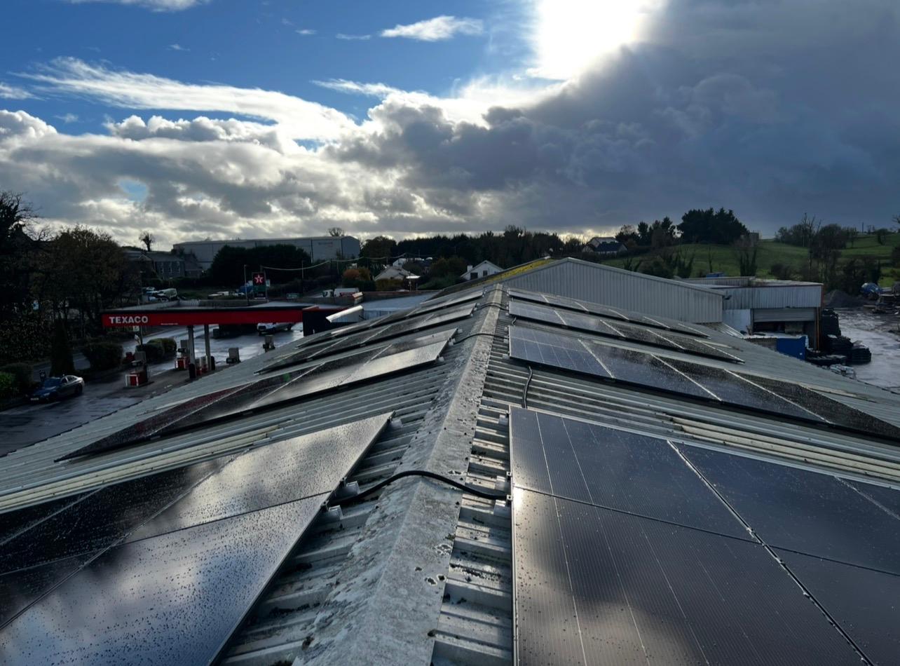 Commercial solar installation on a warehouse rooftop in Roscommon